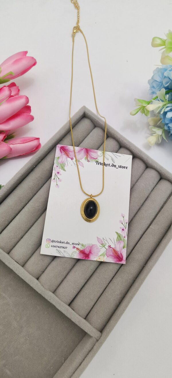 Gold Plated Oval Pendant Neckchain with Black Stone - Image 3