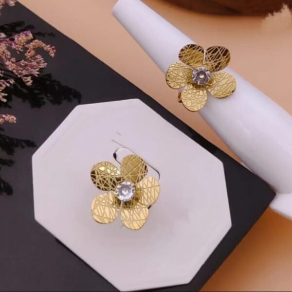 Gold-Plated Floral Statement Ring with Crystal Center – Adjustable Fit - Image 2