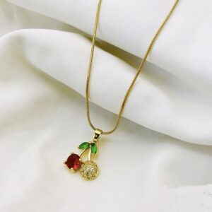 Cherry Pendant Necklace with Red and Green Accents