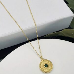 Sunburst Medallion Necklace – Gold with Green Stone