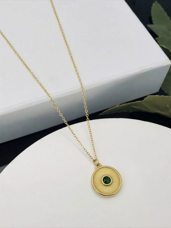 Sunburst Medallion Necklace – Gold with Green Stone