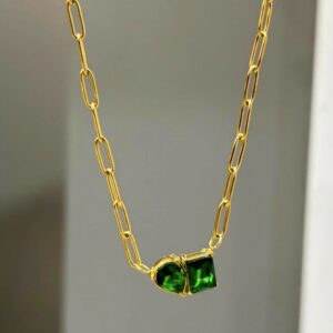Modern Green Gemstone Pendant Necklace – Dual-Cut Paperclip Chain Style