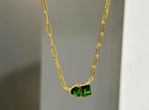 Modern Green Gemstone Pendant Necklace – Dual-Cut Paperclip Chain Style