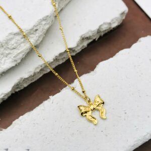 Dainty Bow Pendant Necklace – Gold Plated Charm with Beaded Chain