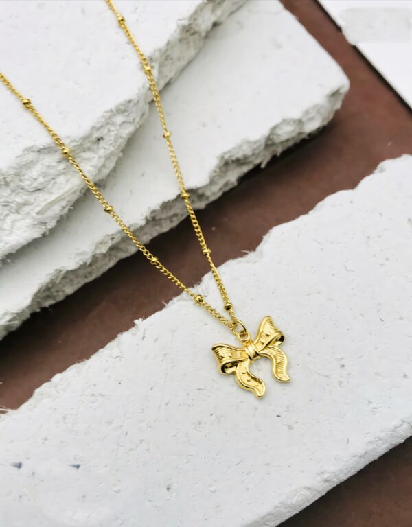 Dainty Bow Pendant Necklace – Gold Plated Charm with Beaded Chain