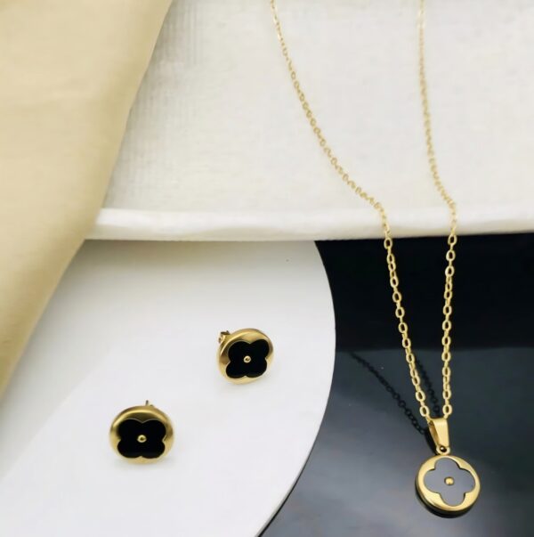 Gold-Plated Flower Pendant Necklace & Earrings Set – Black Enamel Accent