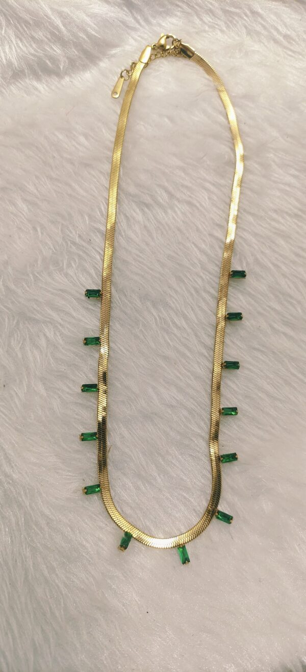 Elegant Green Stone Accented Flat Snake Chain Necklace - Image 2