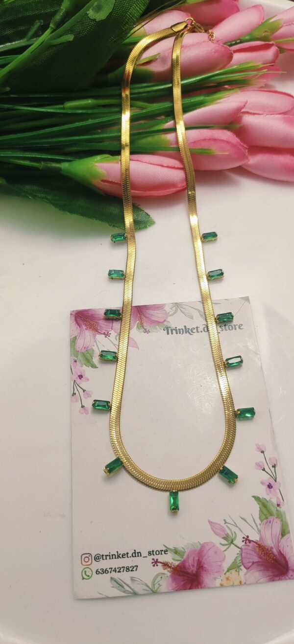Elegant Green Stone Accented Flat Snake Chain Necklace - Image 3