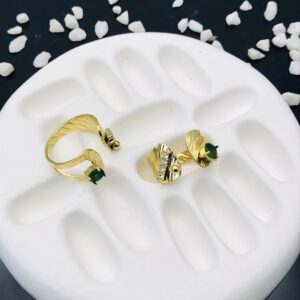 Textured Gold Adjustable Rings with Green Stone & Crystal Accents