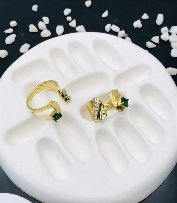 Textured Gold Adjustable Rings with Green Stone & Crystal Accents