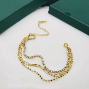 Triple-Layered Chain & Crystal Bracelet – Chic Stacked Look