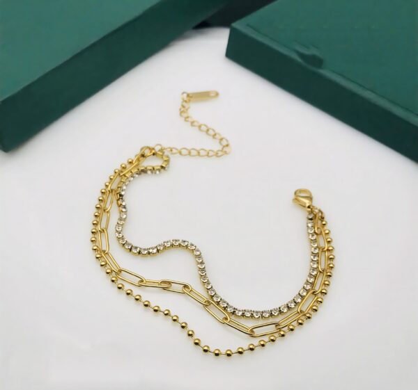 Triple-Layered Chain & Crystal Bracelet – Chic Stacked Look
