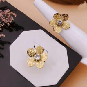 Gold-Plated Floral Statement Ring with Crystal Center – Adjustable Fit