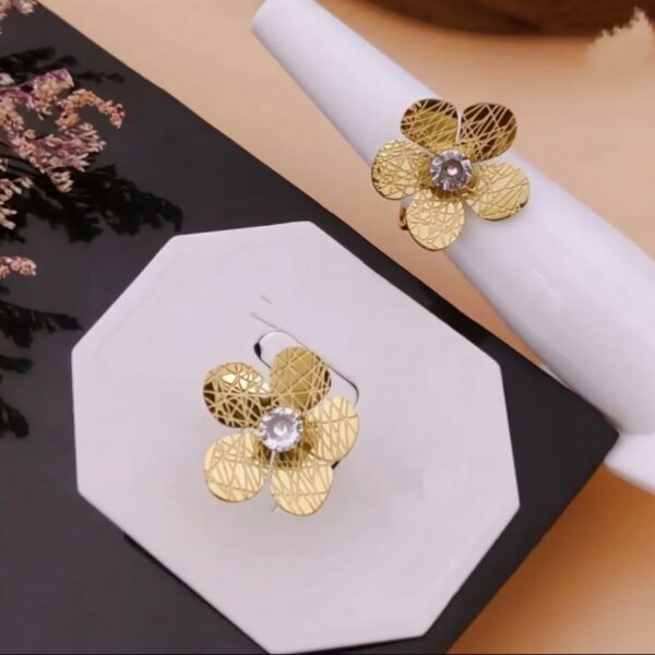 Gold-Plated Floral Statement Ring with Crystal Center – Adjustable Fit