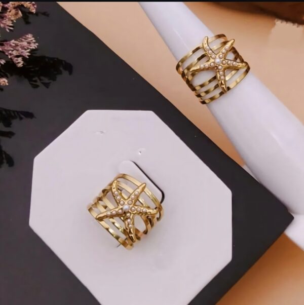 Adjustable Gold Starfish Statement Ring with Pearl Accents – Ocean-Inspired