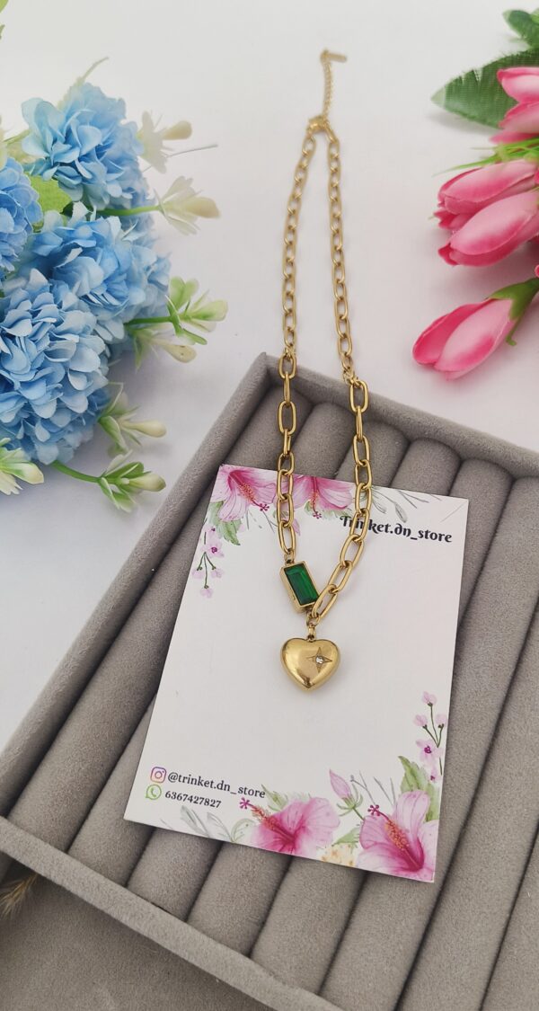 Heart Charm Chain Necklace with Emerald Accent - Image 2