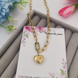 Heart Charm Chain Necklace with Emerald Accent