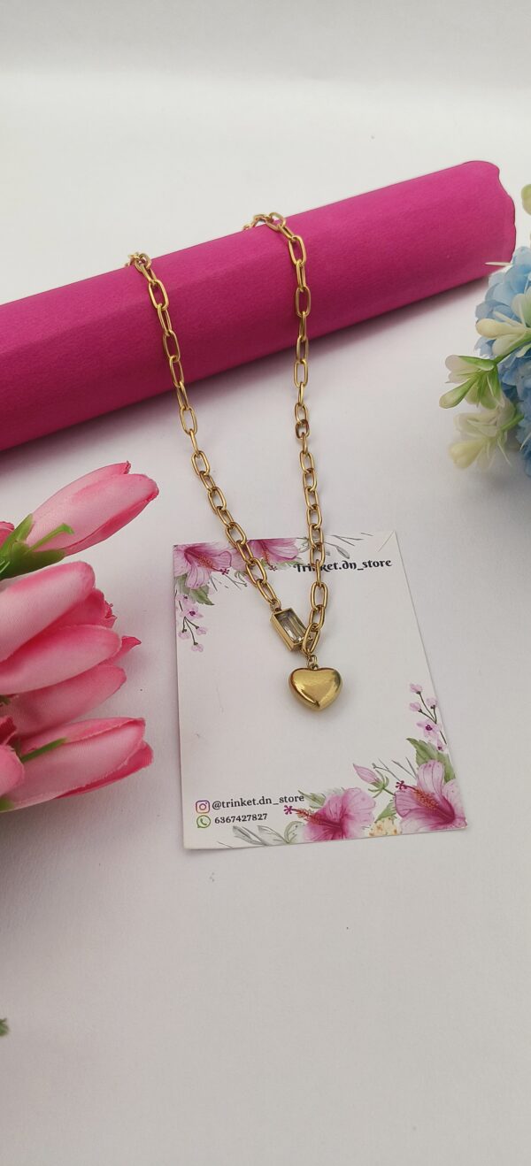 Heart Charm Chain Necklace with Emerald Accent - Image 3