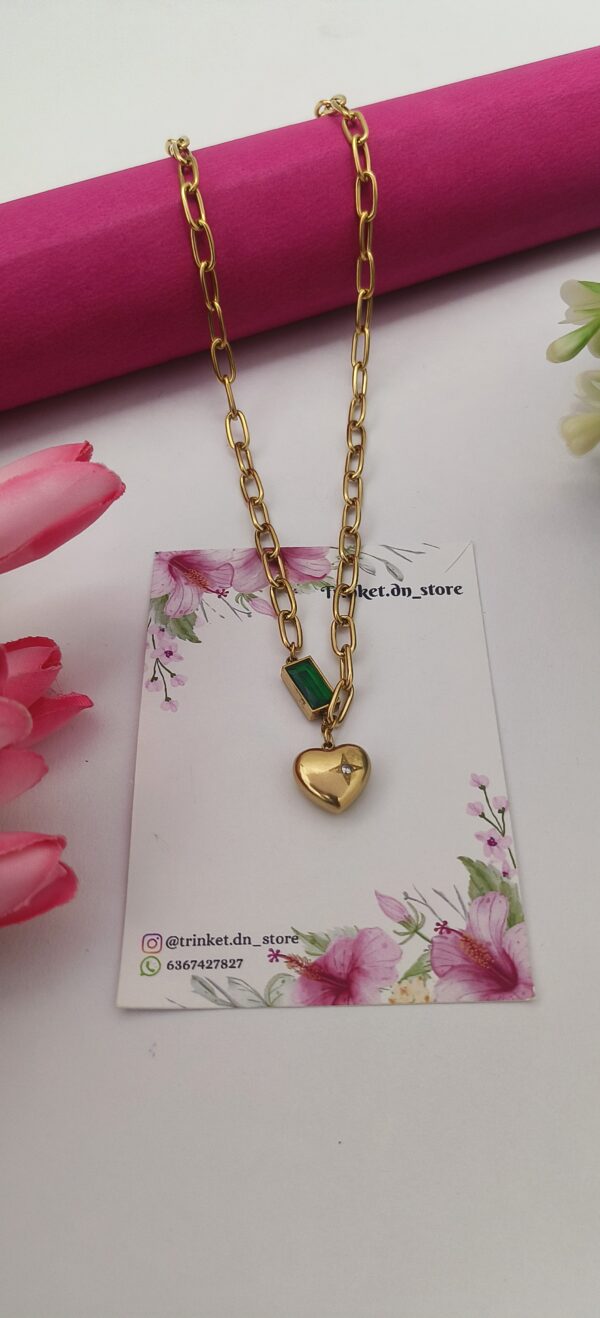 Heart Charm Chain Necklace with Emerald Accent - Image 4