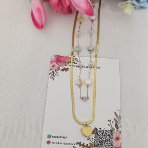 Dual Layer Heart Pendant Necklace | Pastel Beaded Anti Tarnish Chain ✨